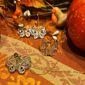 Gold and Silver Butterfly Earrings,Necklace, And Ring
